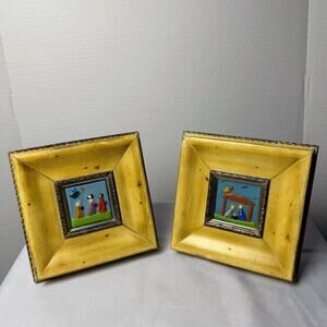 VTG Signed Puerto Rico Fused Glass Framed Nativity Set 2 Holy Tiny Art 7x7 Gift